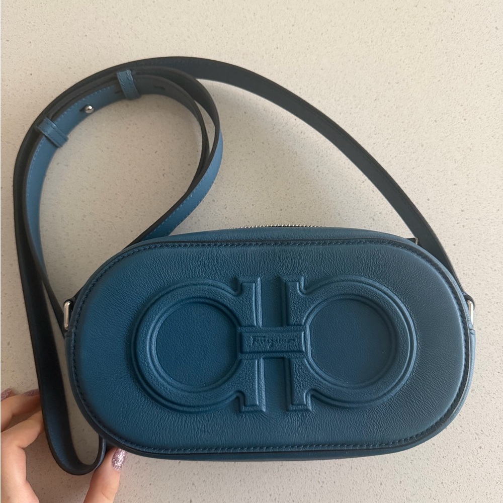Salvatore Ferragamo Teal Leather Crossbody with Raised Double Gancio